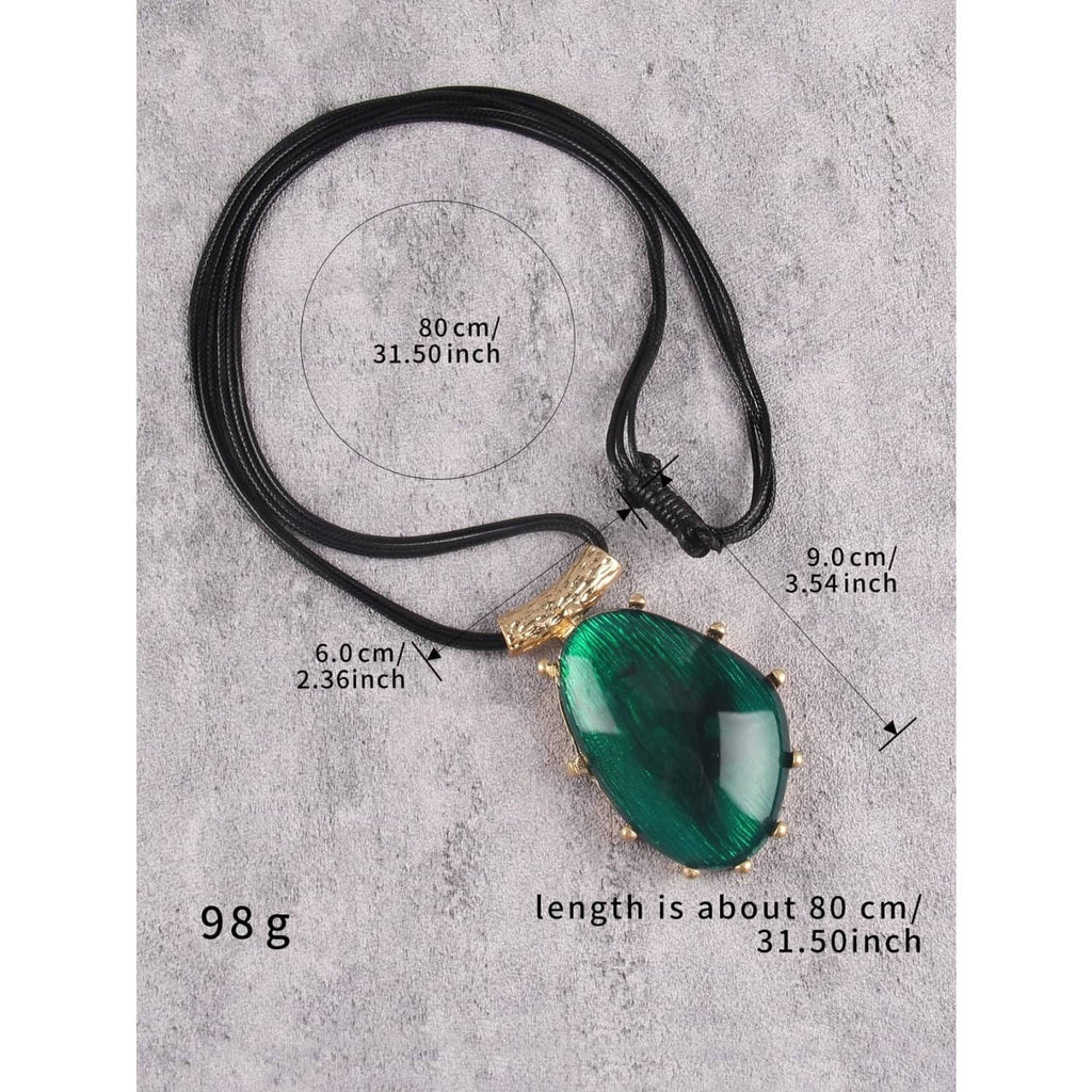 Green teardrop pendant necklace; approx 80 cm black faux leather cord length