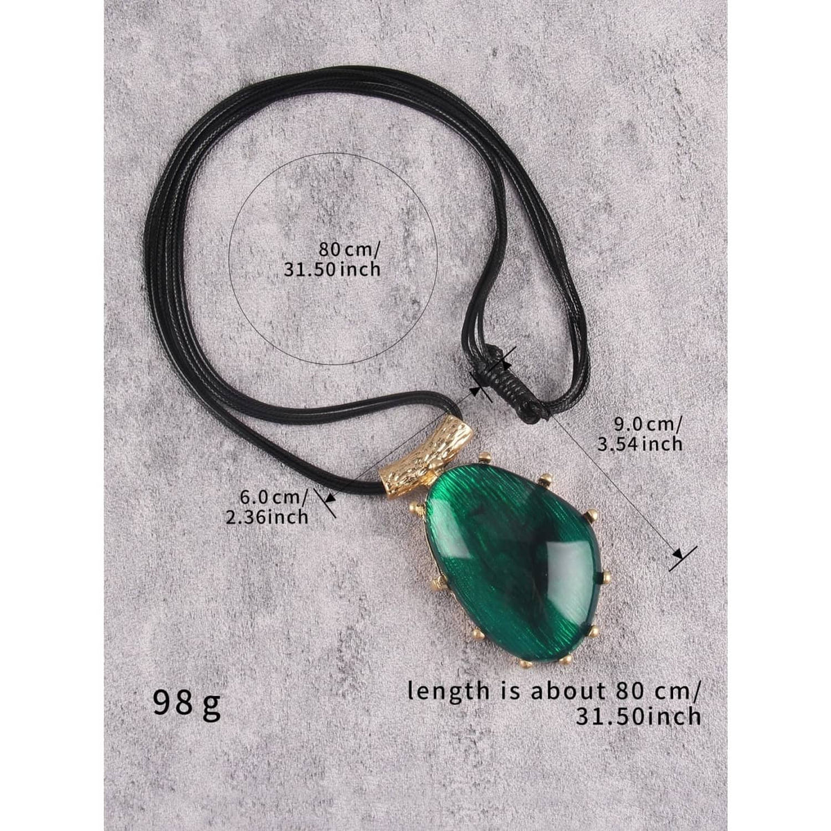 Green teardrop pendant necklace; approx 80 cm black faux leather cord length