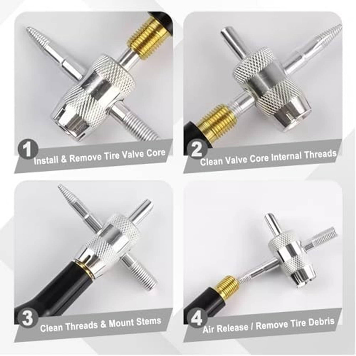 Silver valve core tool showing install, clean, and remove tire valve cores