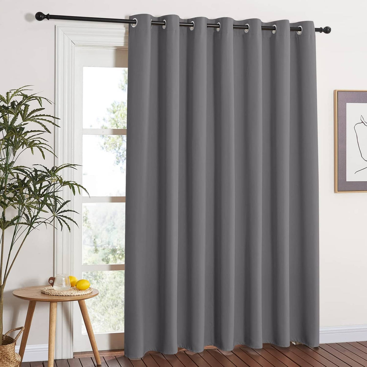 Grey blackout patio sliding door curtains with grommet header and rod-ready top