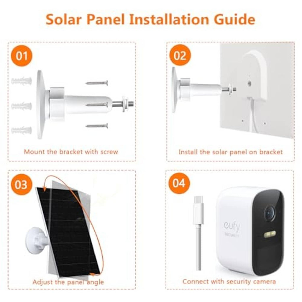 Solar panel installation parts: wall mount, screws, cable, and angled panel setup