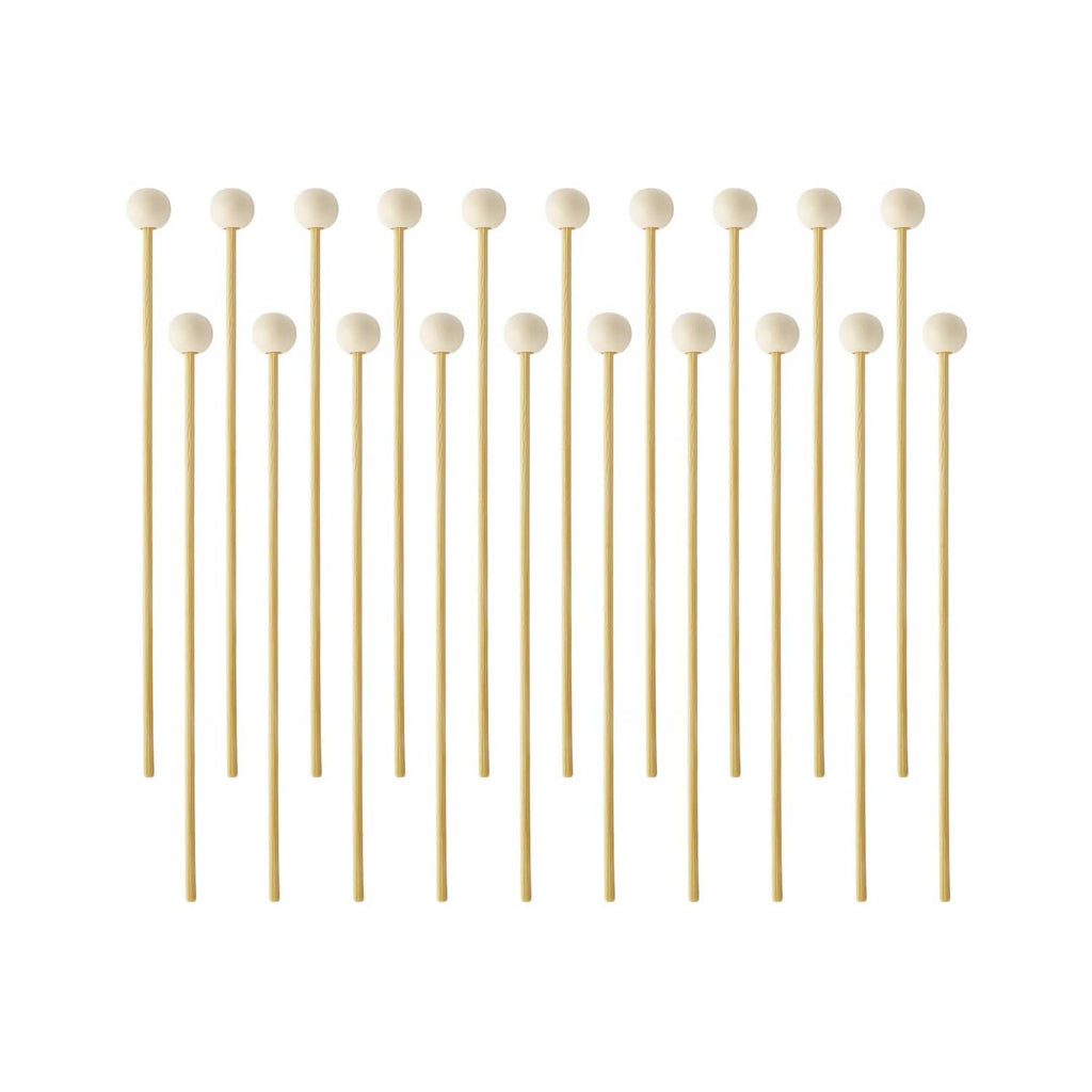 Set of wood percussion mallets with round white heads and long natural handles