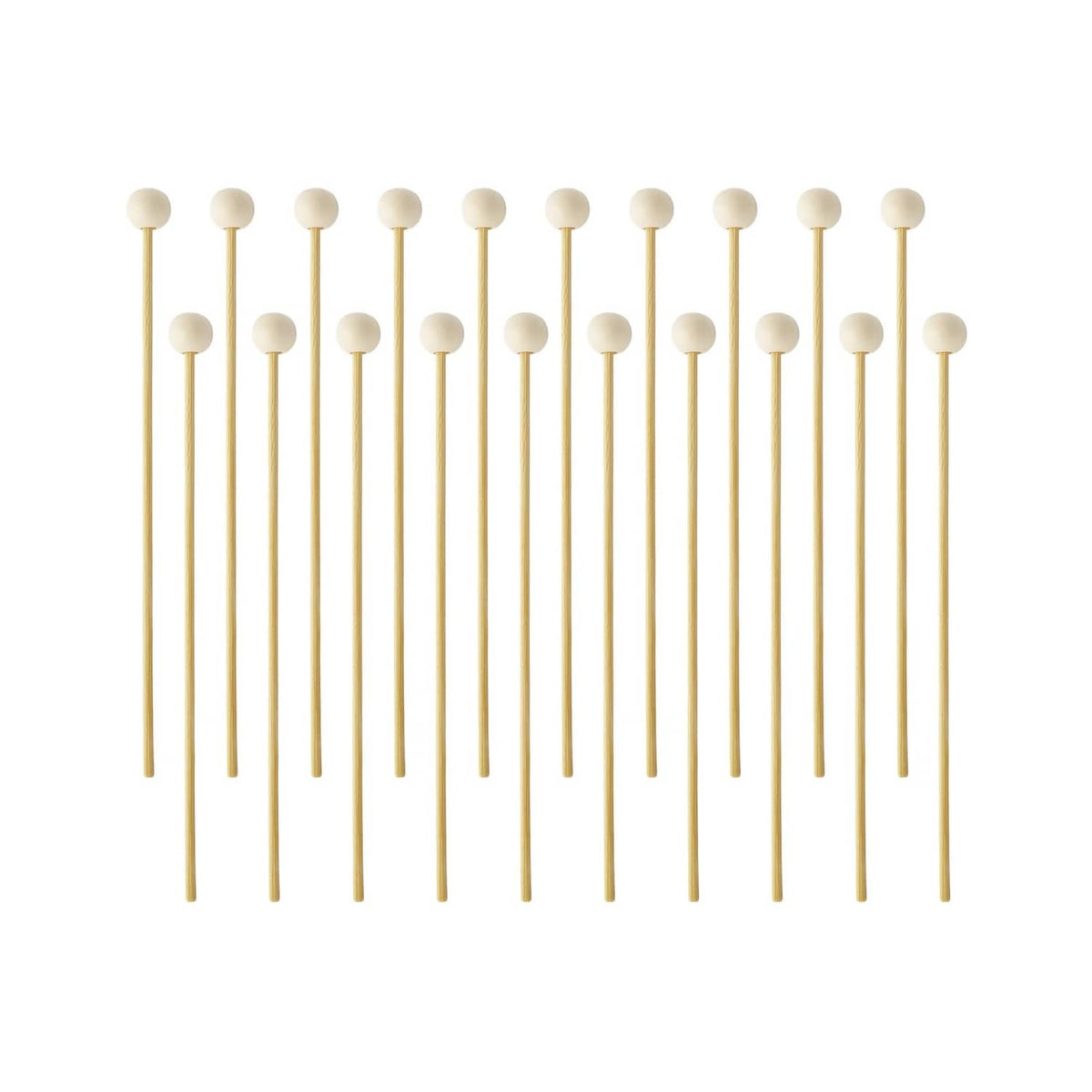 Set of wood percussion mallets with round white heads and long natural handles