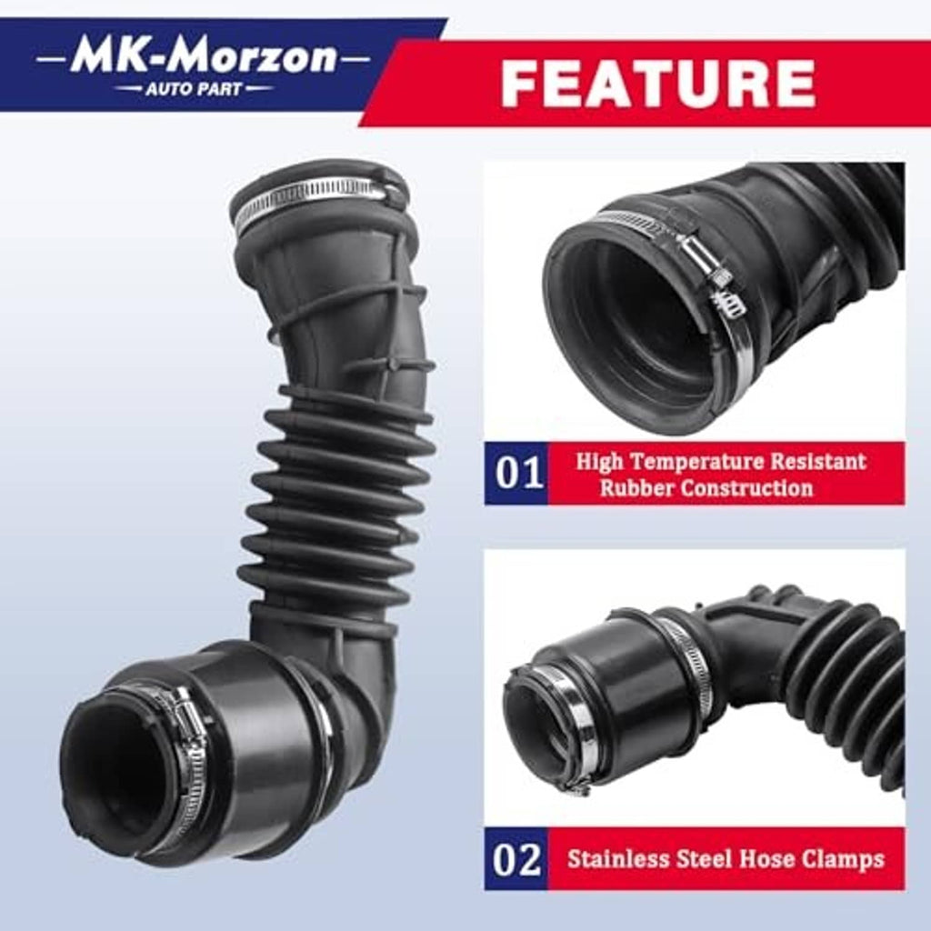 Black air intake hose with ribbed rubber construction and stainless steel hose clamps