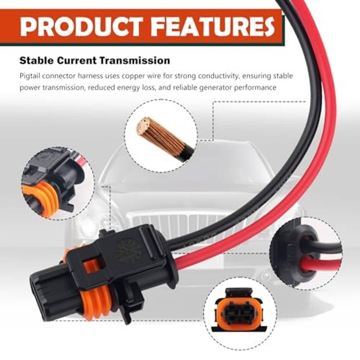 Alternator connector pigtail harness with copper conductor, black plug, red wire, orange insert