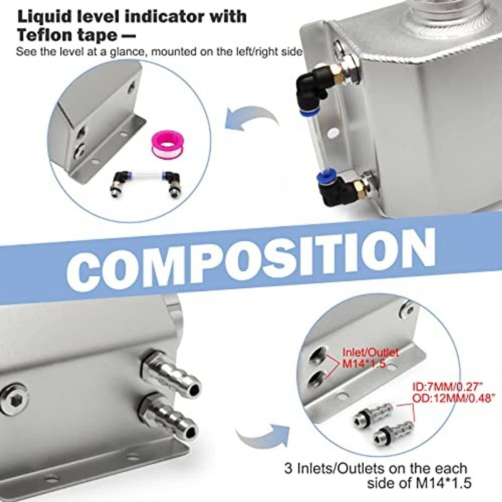 Aluminum coolant overflow tank with level indicator access and dual side hose fittings