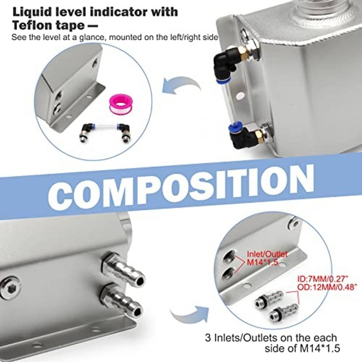 Aluminum coolant overflow tank with level indicator access and dual side hose fittings