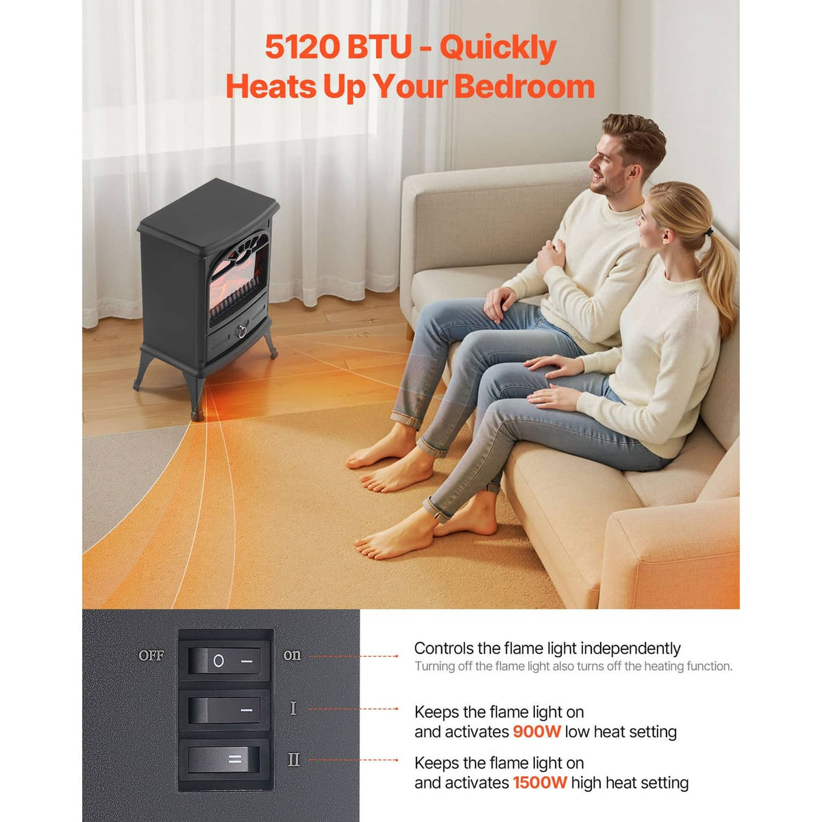 Black freestanding electric fireplace heater in a living room with flame window