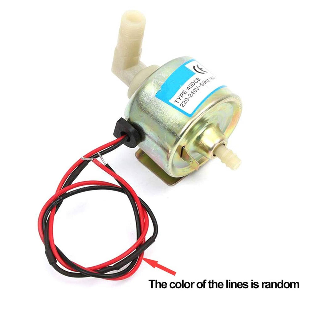 Smoke machine oil pump with blue label, white outlet tube, and red/black leads