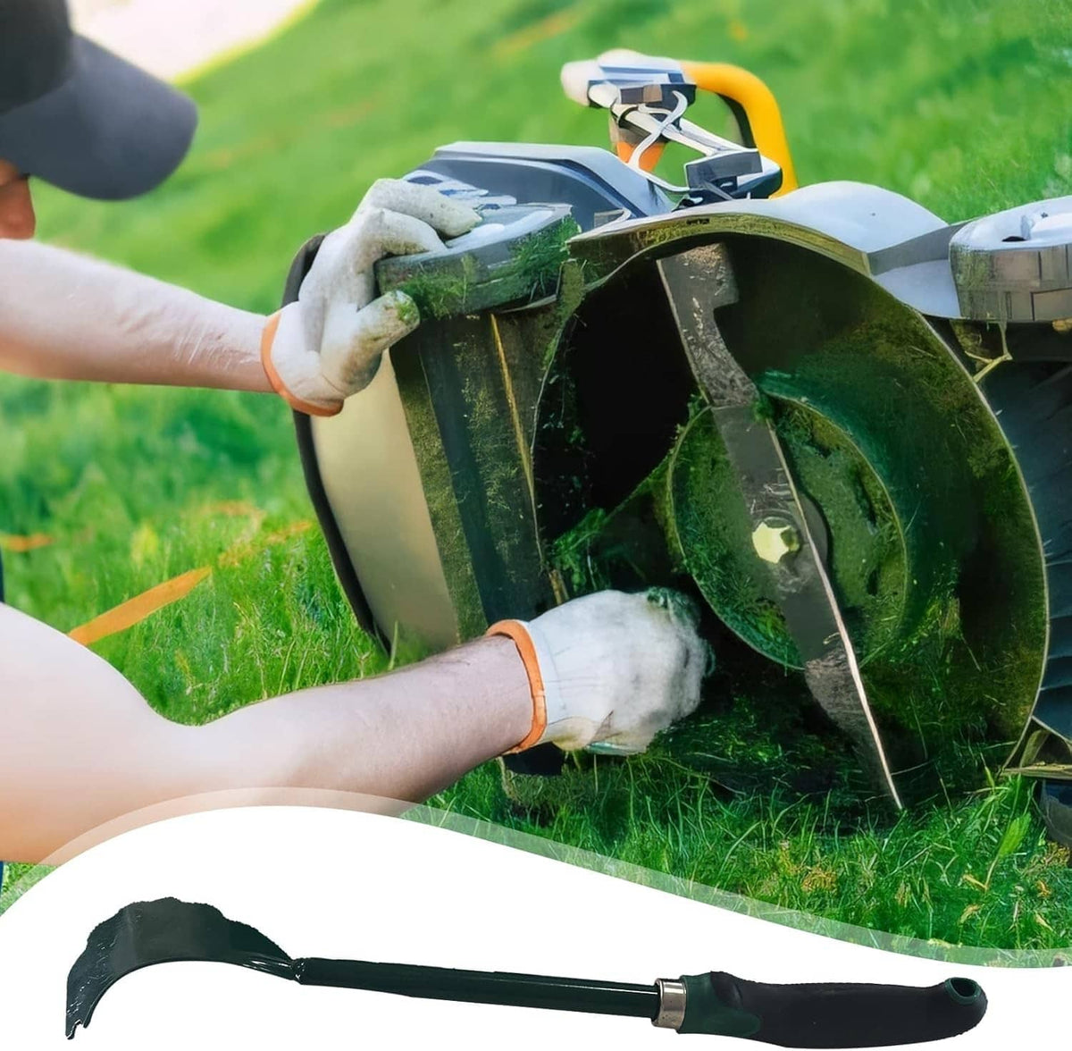 Mower deck scraper tool with curved black blade reaching into mower deck, green handle
