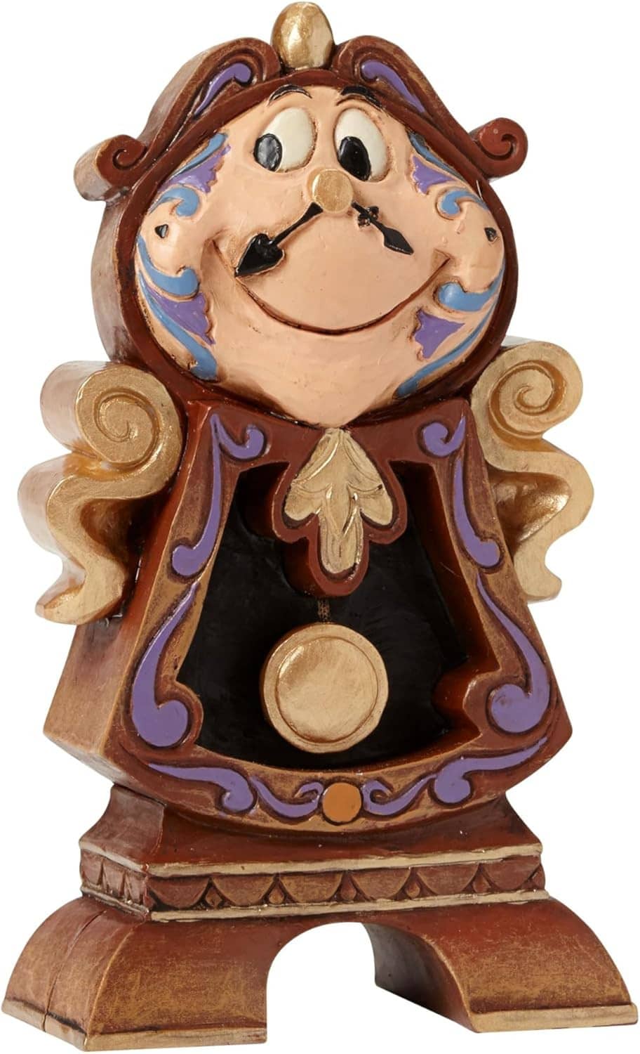 Front view of Cogsworth figurine with smiling face and gold pendant