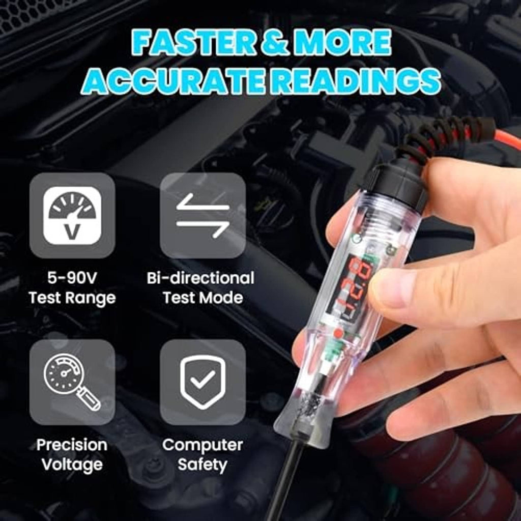 Hand holding LED circuit tester toward car interior, with translucent housing and attached leads