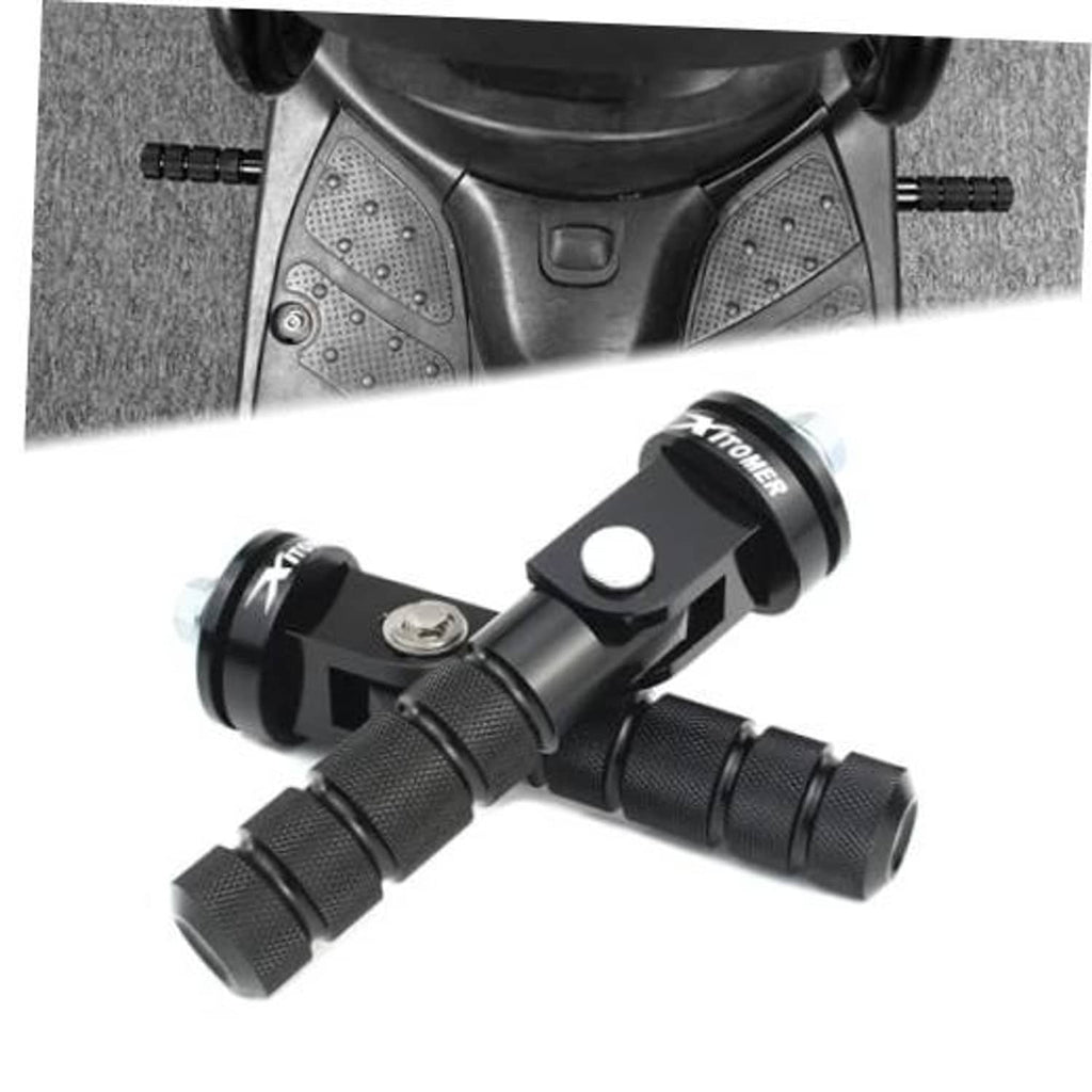 Black CNC passenger scooter footrest pegs with knurled grip and mounting brackets