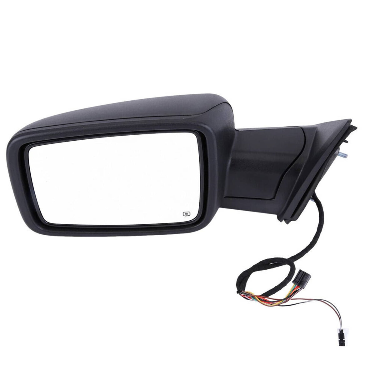 Left heated power-fold side mirror with black housing and attached wiring pigtail
