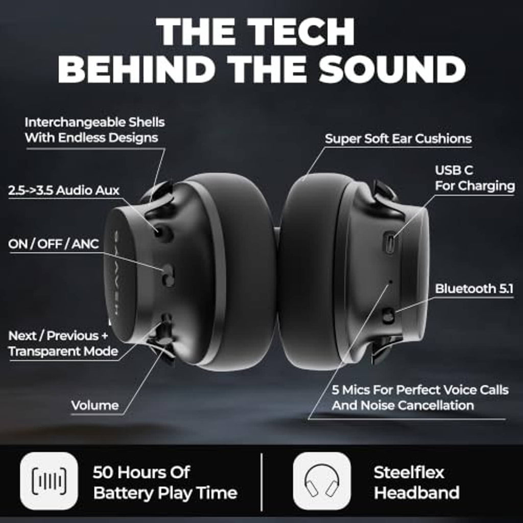 Black over-ear wireless headphones shown from the side with cushioned ear cups.