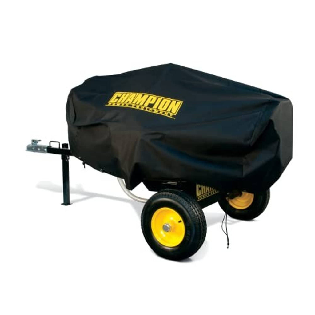 Black log splitter storage cover with Champion logo, angled view over trailer wheels