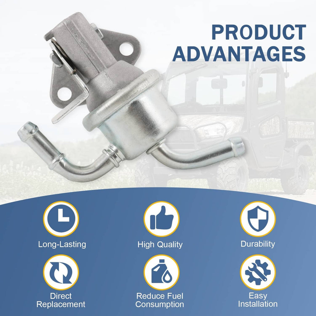 Fuel lift pump with metal body and curved pipes, shown on a product benefits layout