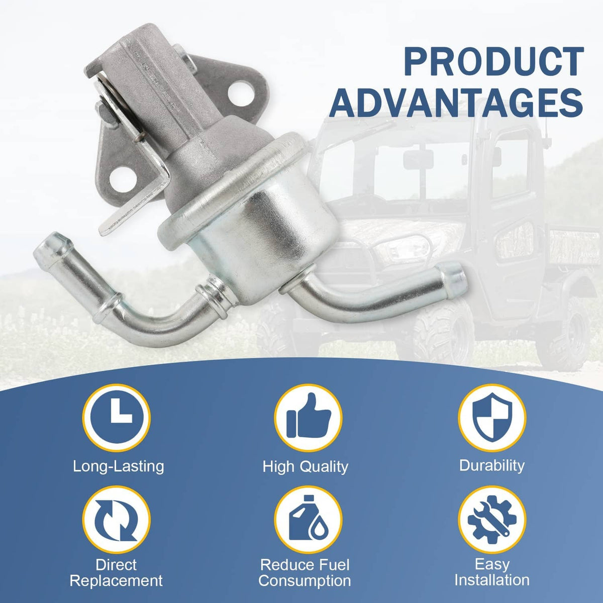 Fuel lift pump with metal body and curved pipes, shown on a product benefits layout