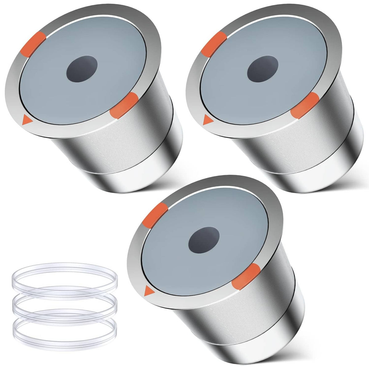 Set of stainless steel K-cup filter pods with orange silicone sealing rings
