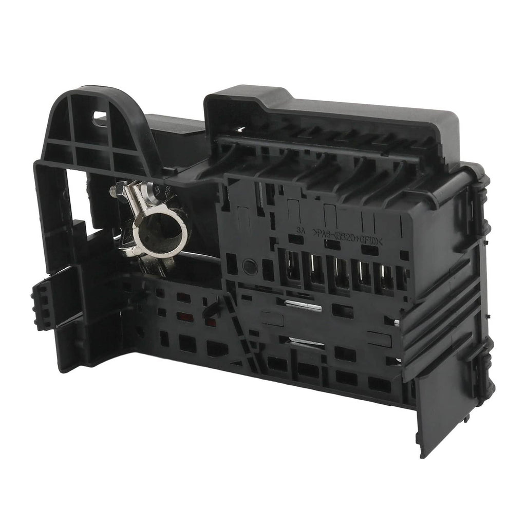 Black fuse block terminal assembly with exposed connector pins and mounting bracket