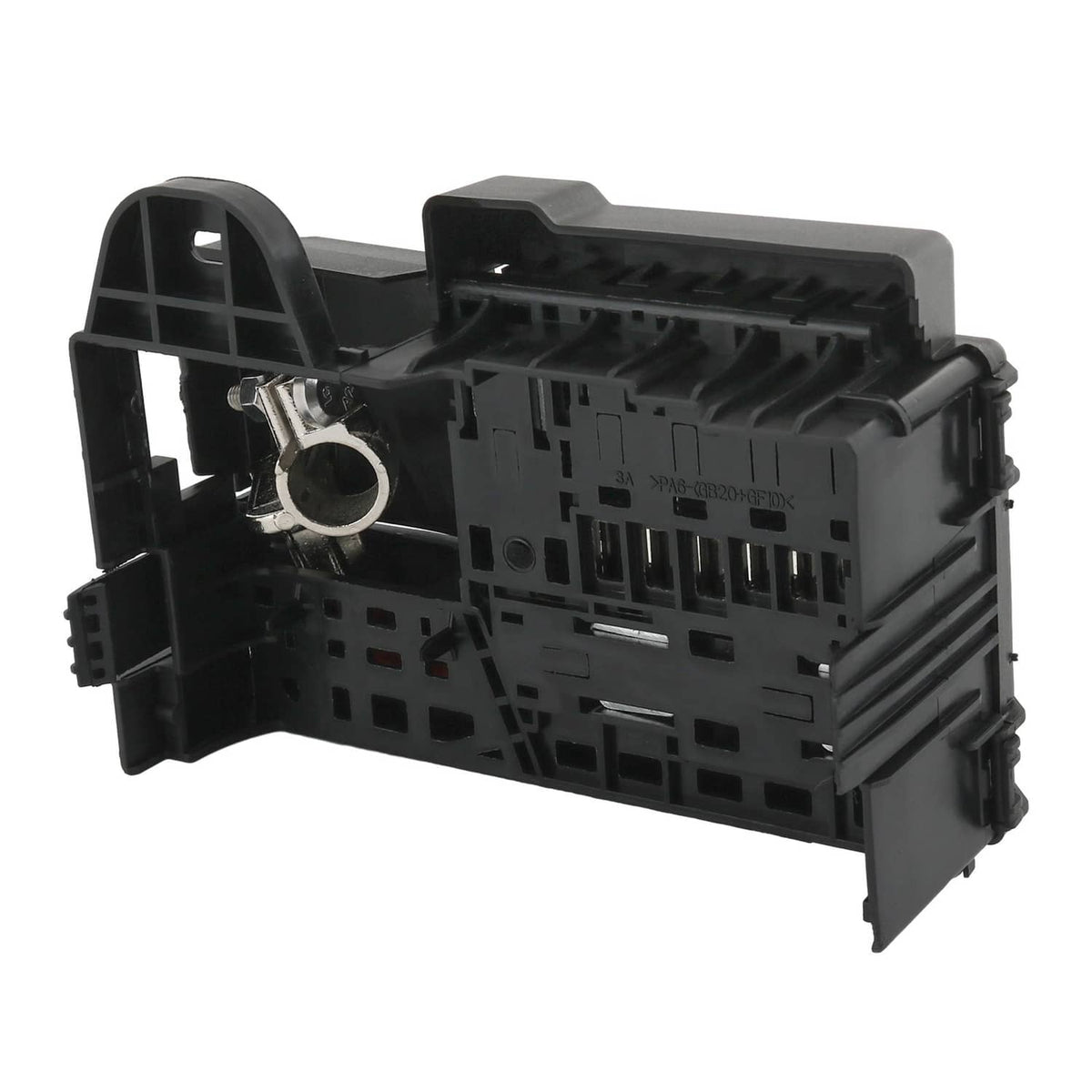 Black fuse block terminal assembly with exposed connector pins and mounting bracket