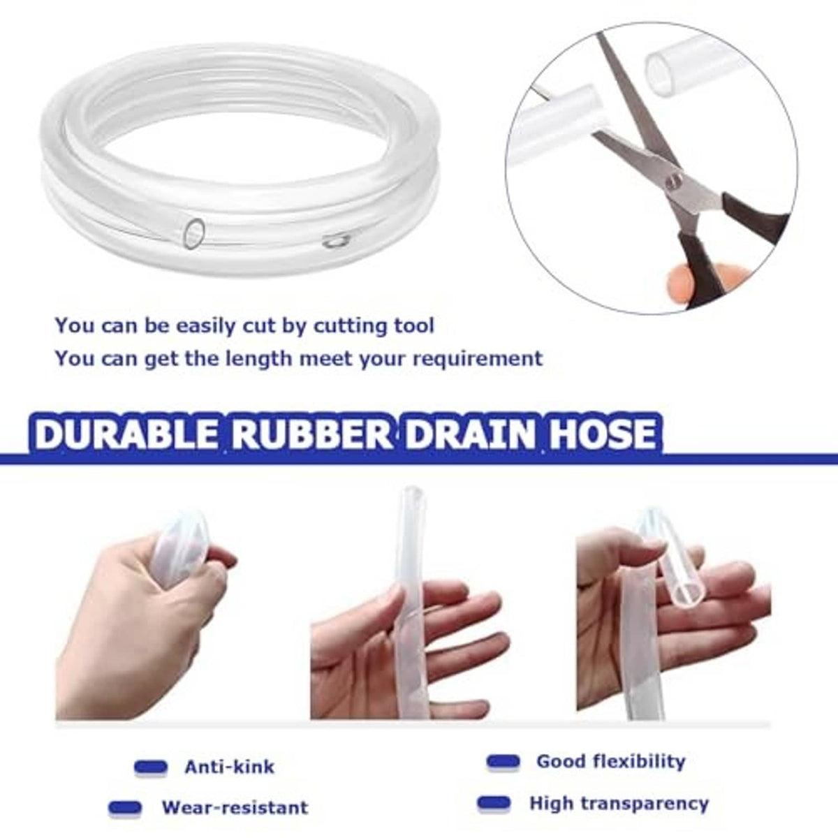 Transparent rubber drain hose coil with scissors cutting detail and connector end