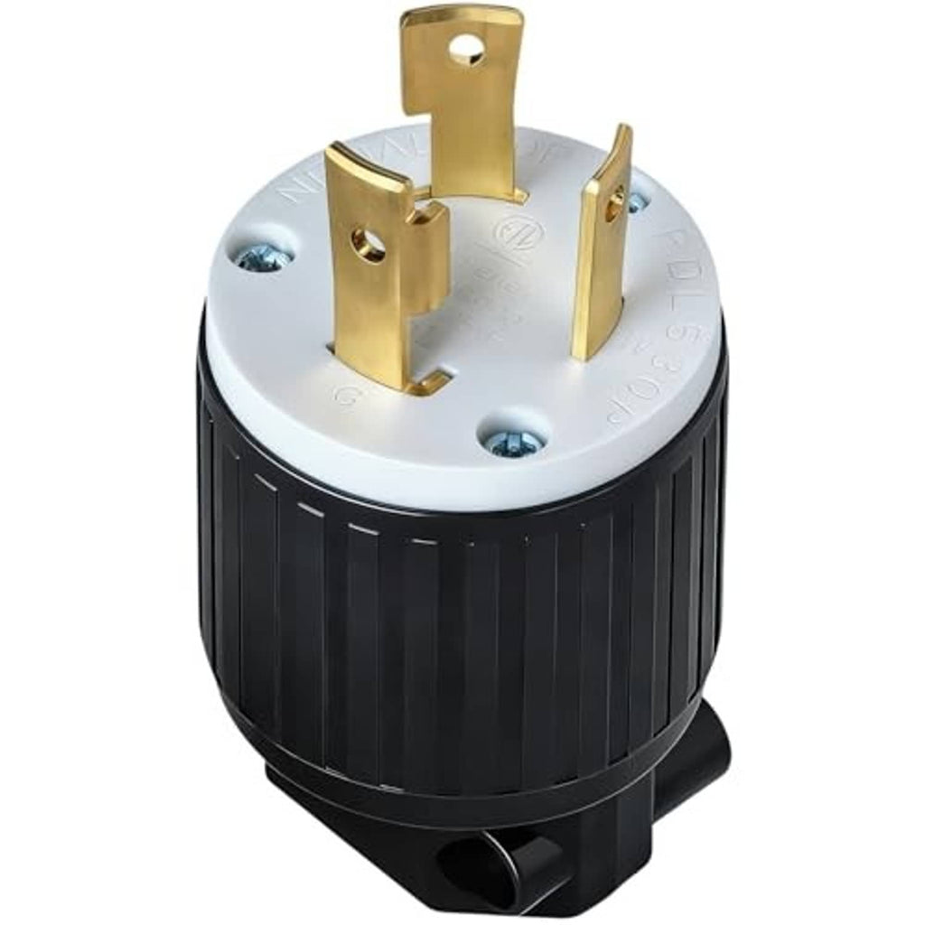 NEMA L5-30P locking plug top view, white face with three gold prongs and black housing