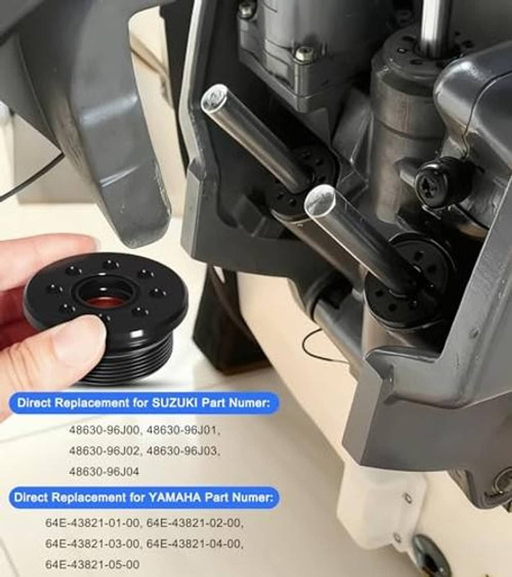 Black outboard trim cap cylinder with seals, hand holding a replacement cap