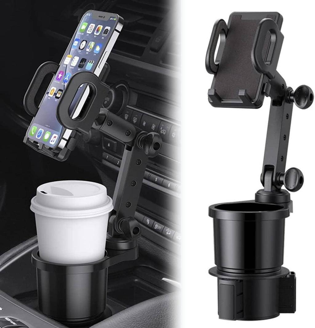 Universal car cup holder phone mount with black drink holder and adjustable phone clamp