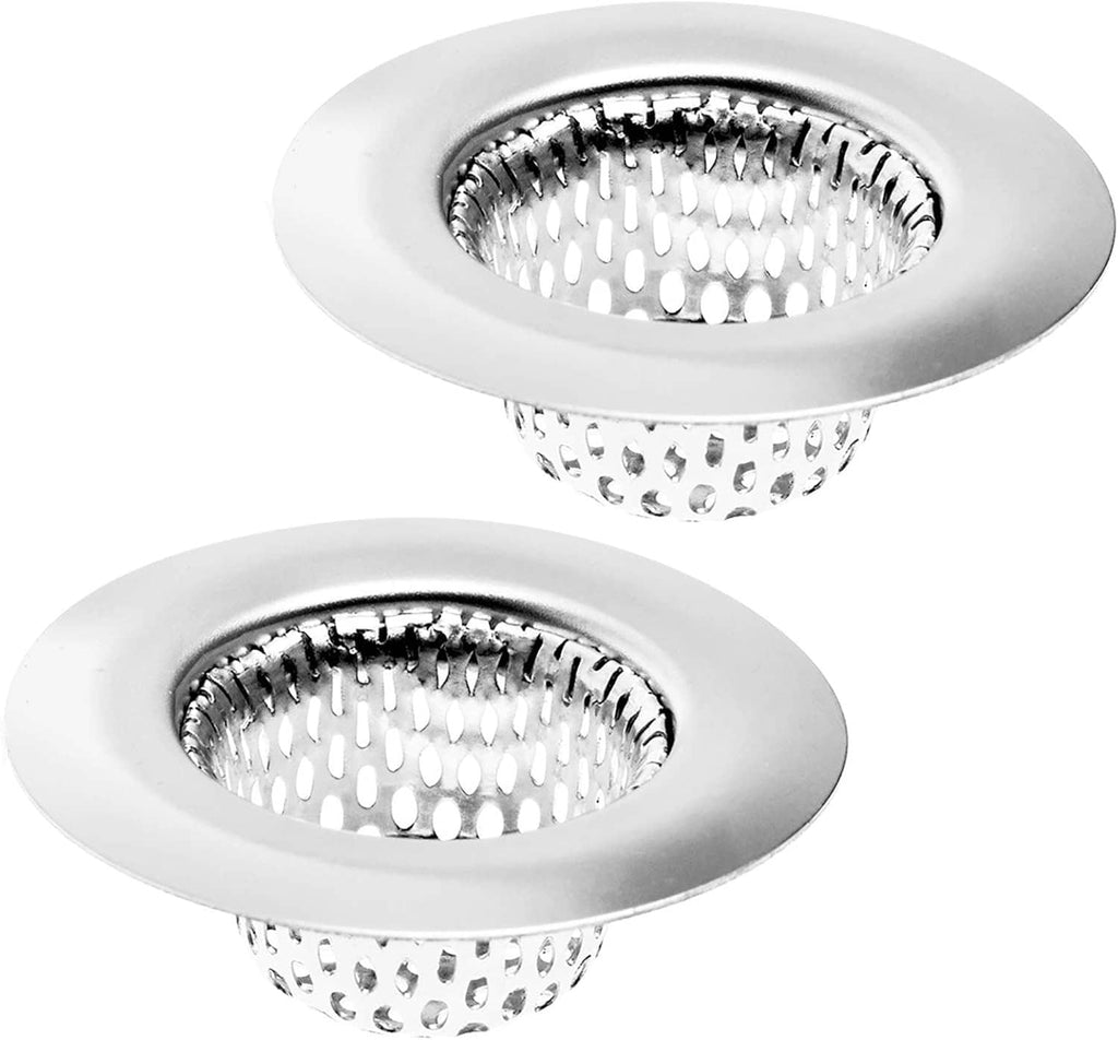 Two round bathroom sink strainers with brushed metal rim and mesh basket