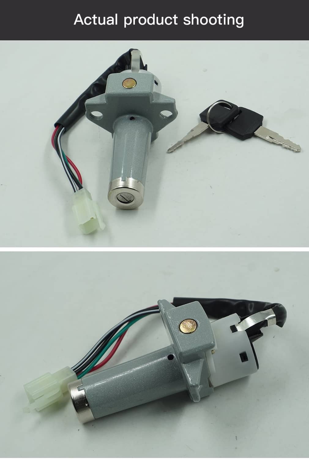 Ignition switch with key, lock cylinder, and multi-wire harness