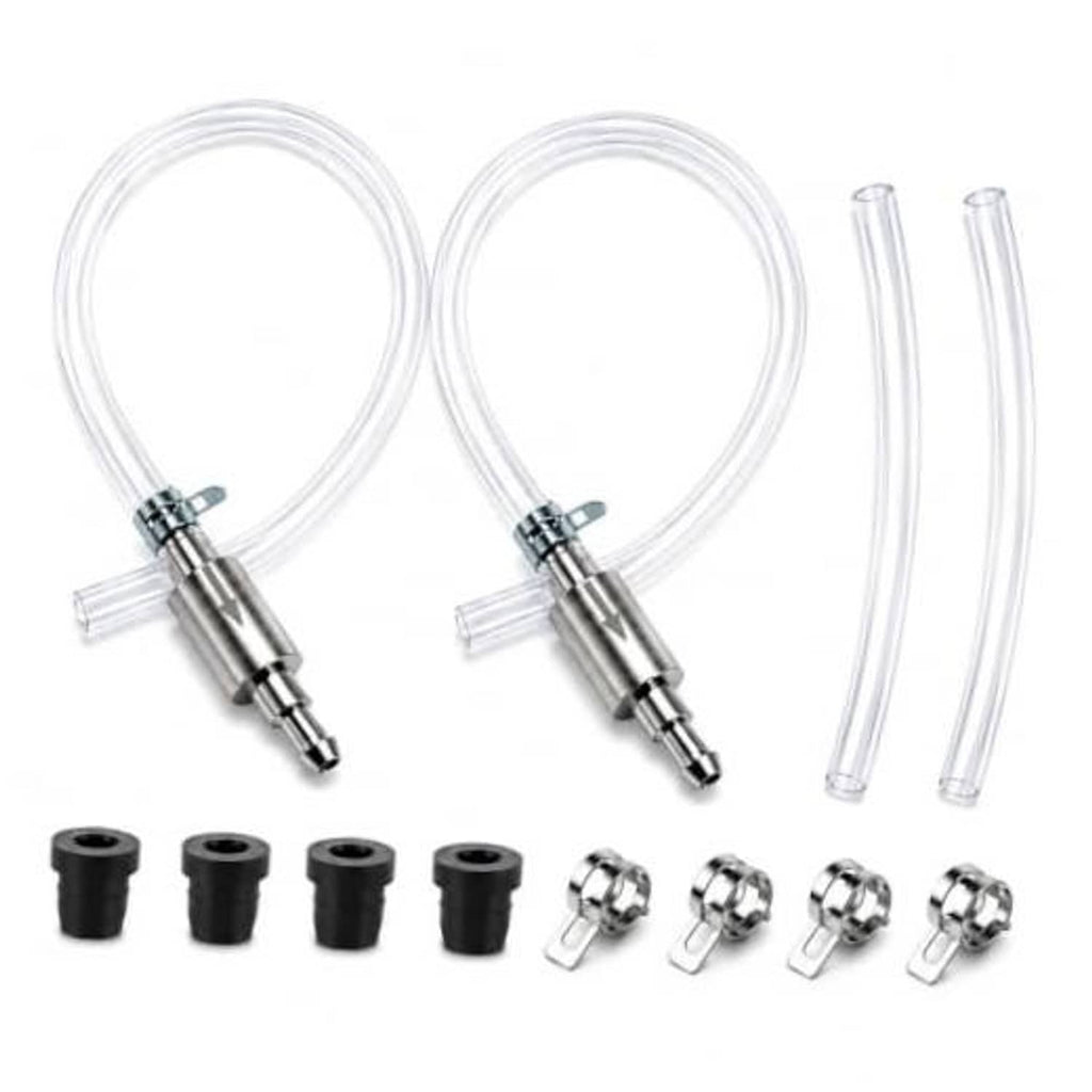 Brake bleeder hose kit with two clear PVC tubes, metal valve, and mounting clamps