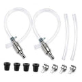 Brake bleeder hose kit with two clear PVC tubes, metal valve, and mounting clamps