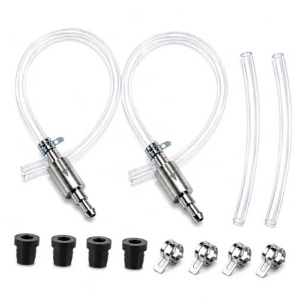 Brake bleeder hose kit with two clear PVC tubes, metal valve, and mounting clamps