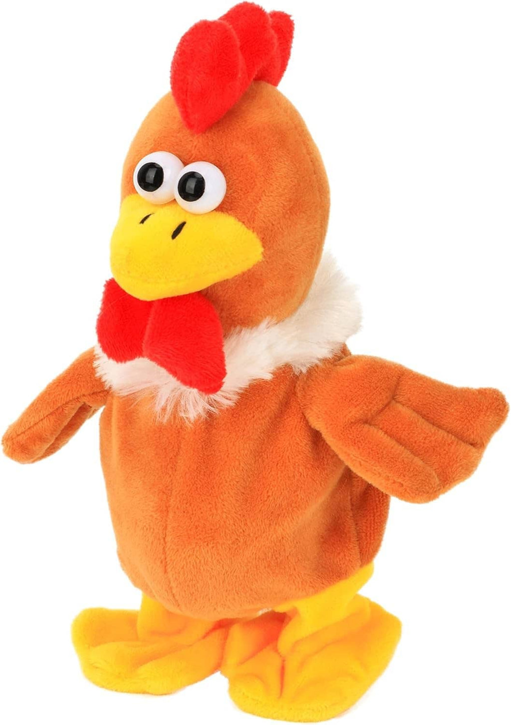 Talking chicken plush standing on yellow feet, orange body with red comb and white furry collar