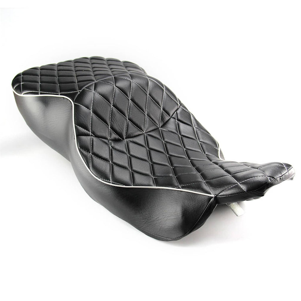 Two-piece motorcycle seat in black with diamond-quilt stitching and white piping