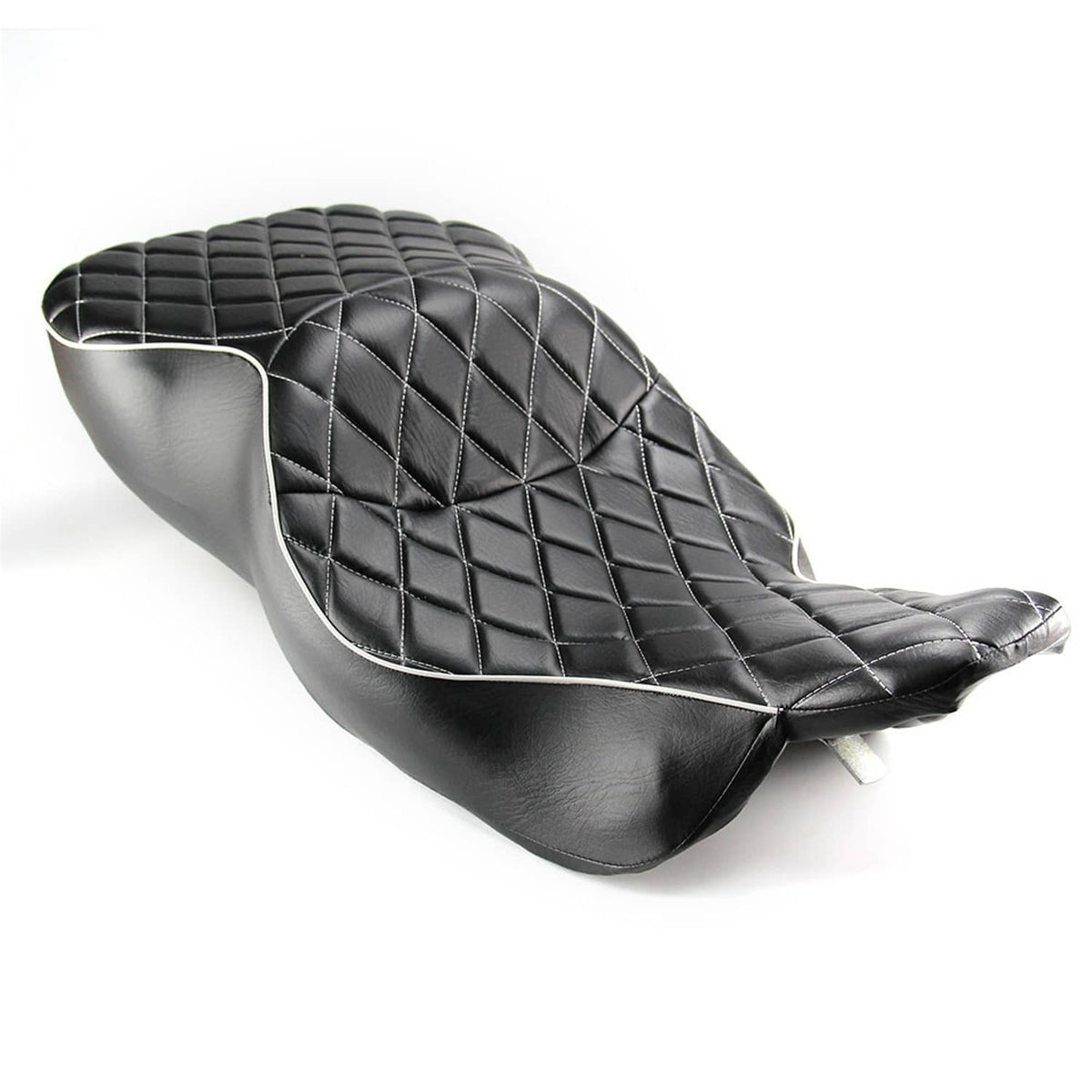 Two-piece motorcycle seat in black with diamond-quilt stitching and white piping
