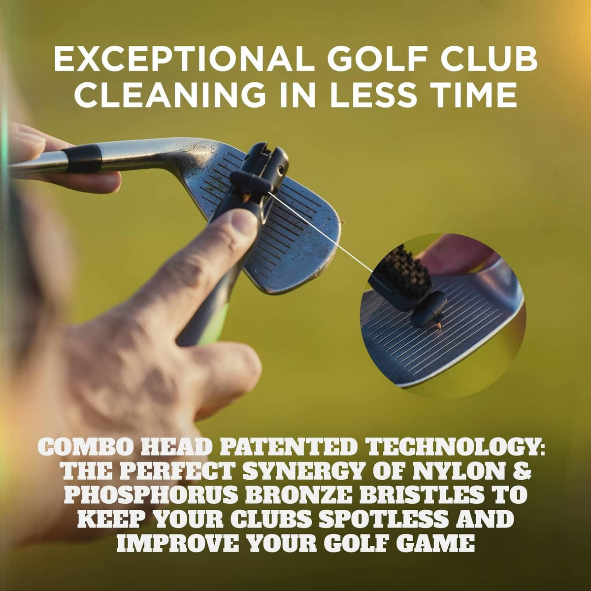 Golf club cleaner applying the combo brush head to a club face for fast cleaning