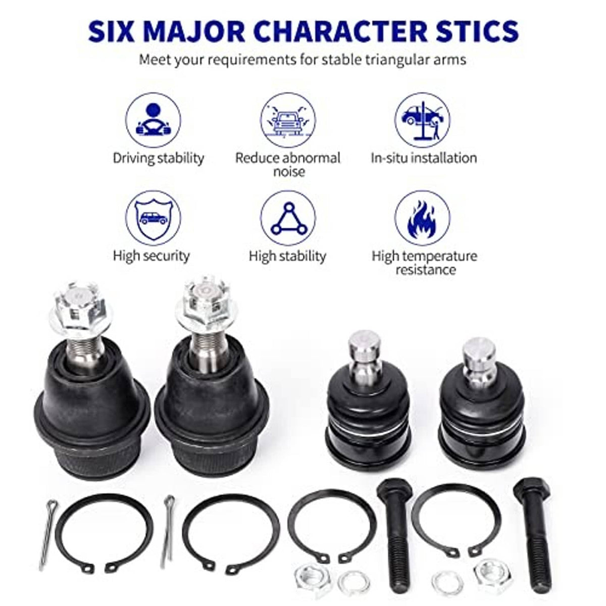 Ball joint replacement kit with four black boots, studs, and mounting hardware