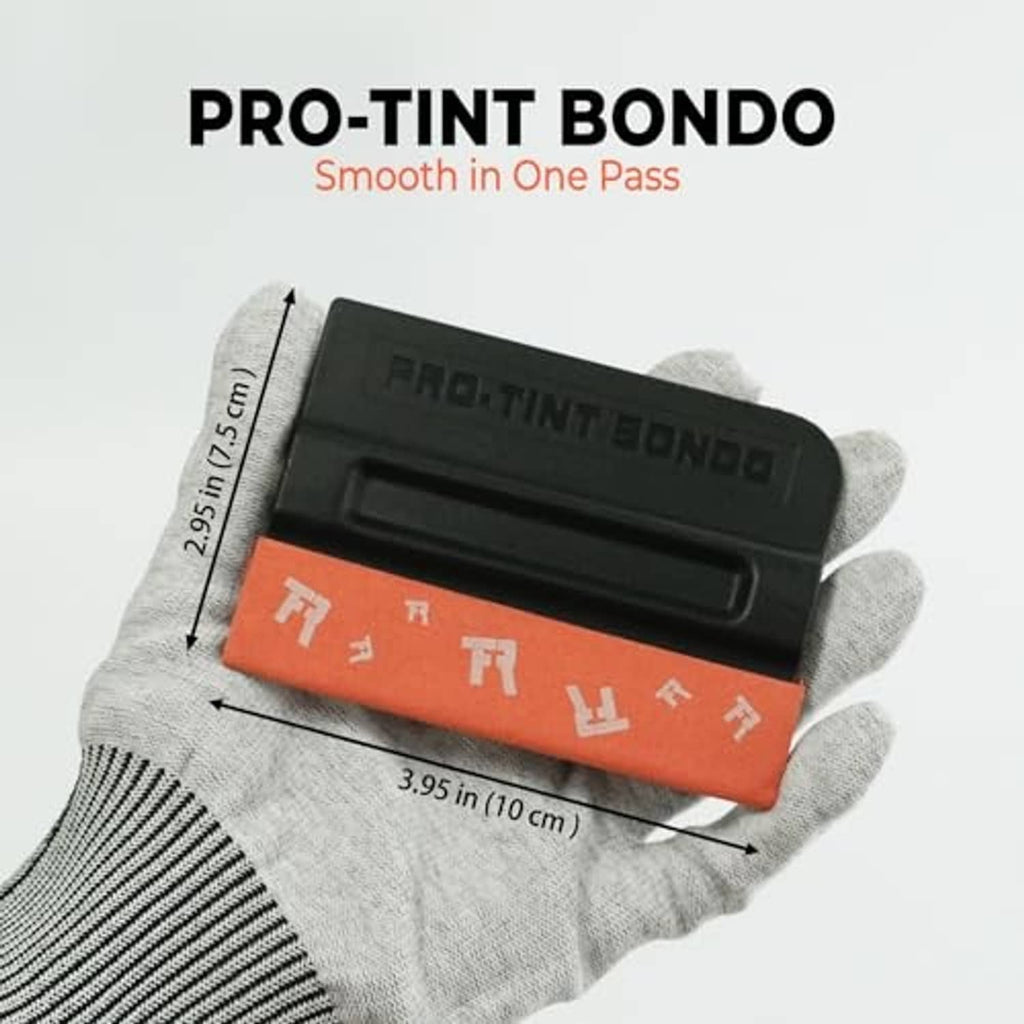 Orange felt-edged squeegee with black blade on a glove, PRO-TINT BONDO style tool.