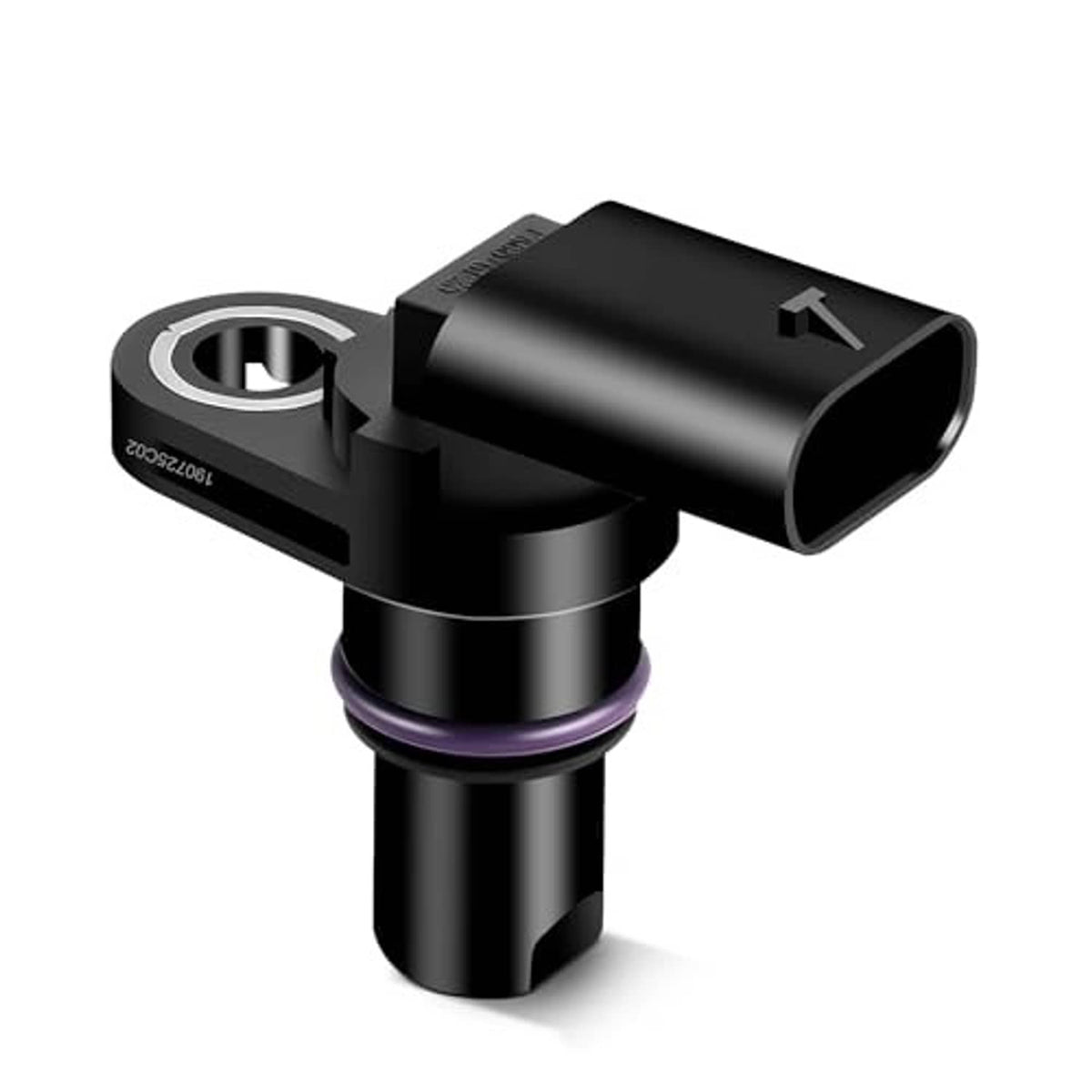 Camshaft position sensor with black body, purple seal ring, and molded electrical plug