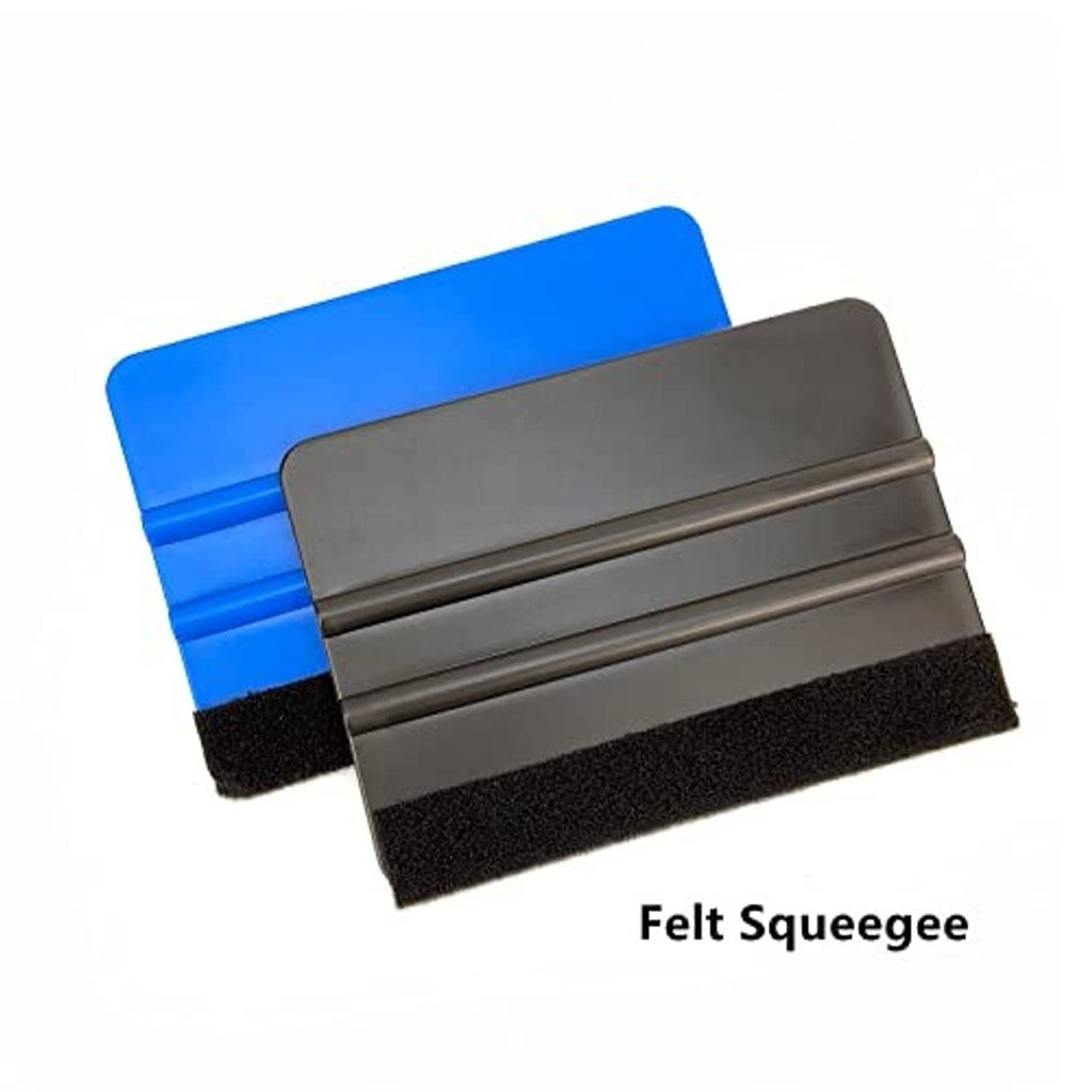 Felt squeegee tool with blue and dark gray foam pads for smoothing vinyl film