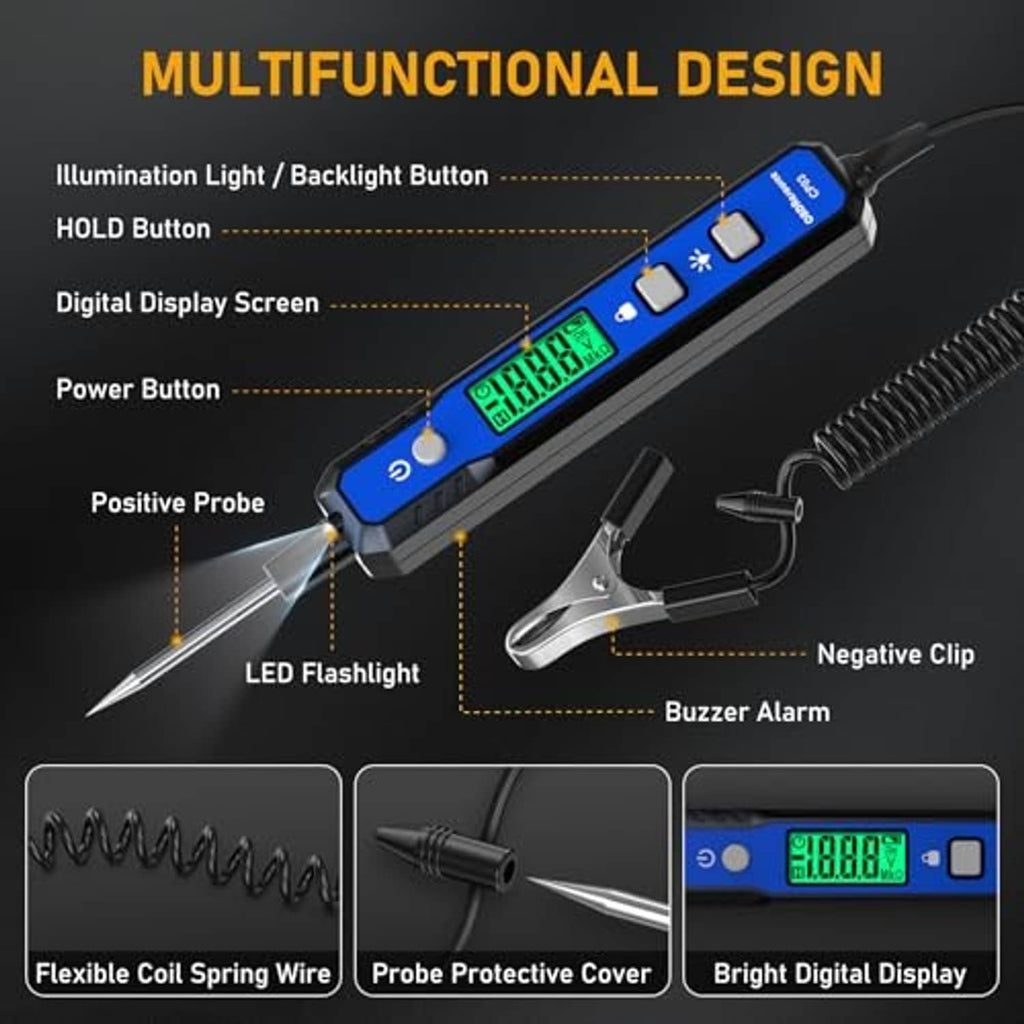 Blue voltage circuit tester with LED flashlight, spring wire, and battery clip-style probes