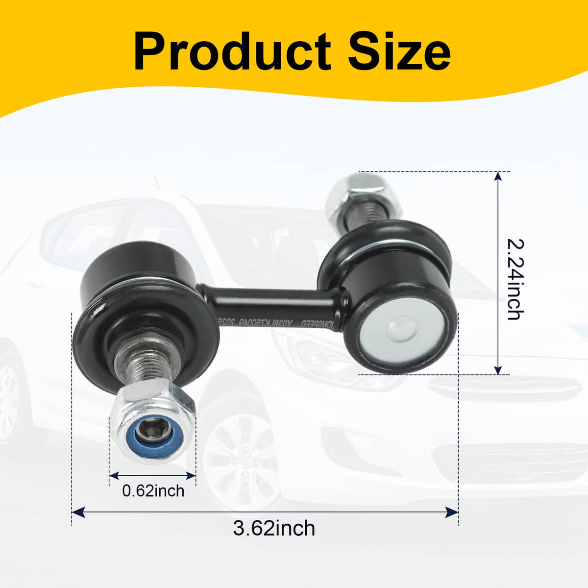 Two black sway bar end links with metal stud ends and white center caps