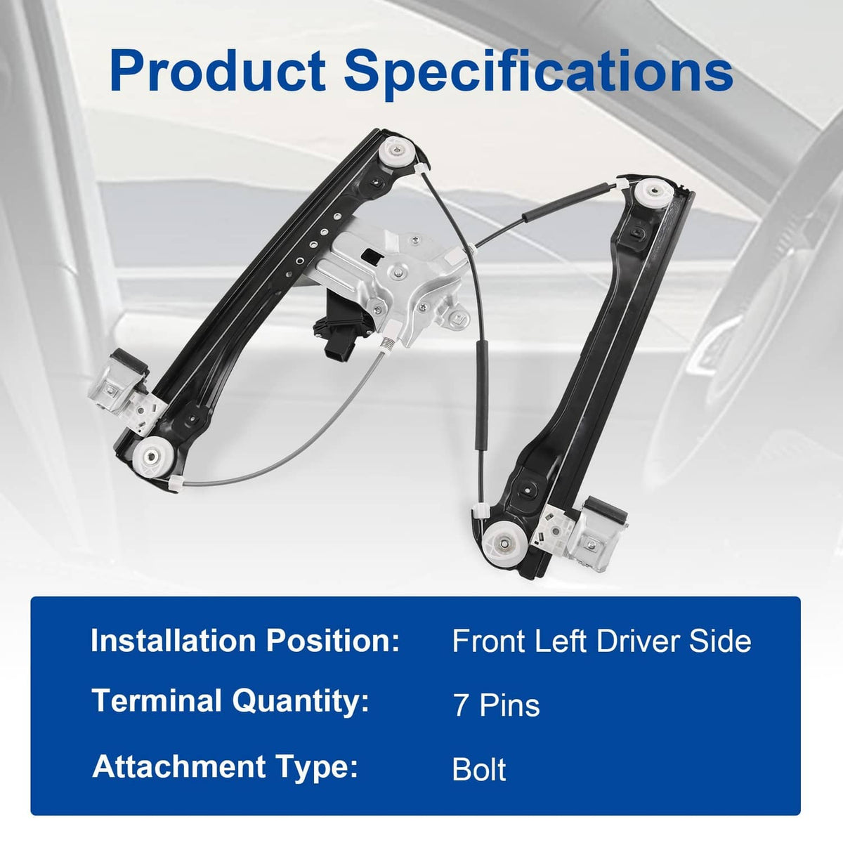 Front left driver window regulator with motor, black rails and connector modules