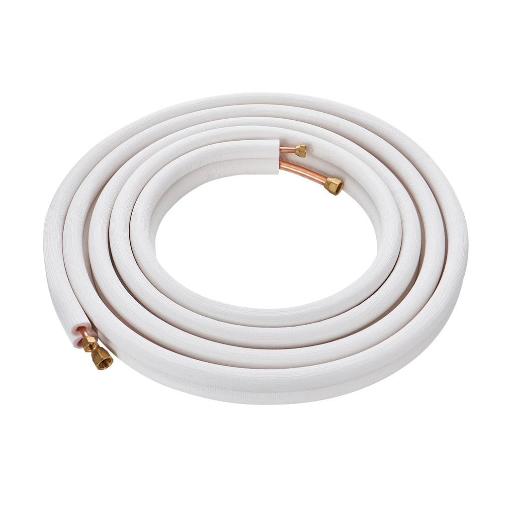 Coiled insulated mini split line set tubing with copper flare fittings and white wrap
