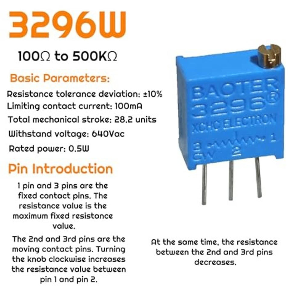 Blue 3296W multiturn trimmer potentiometer with gold top and three-pin base
