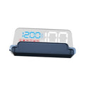 Windshield HUD projector, dark housing with blue digital numbers on screen