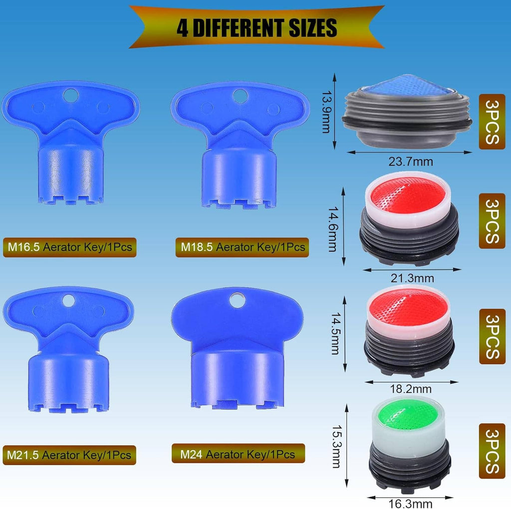 Faucet aerator set with 4 sizes and blue wrench tools for quick replacement