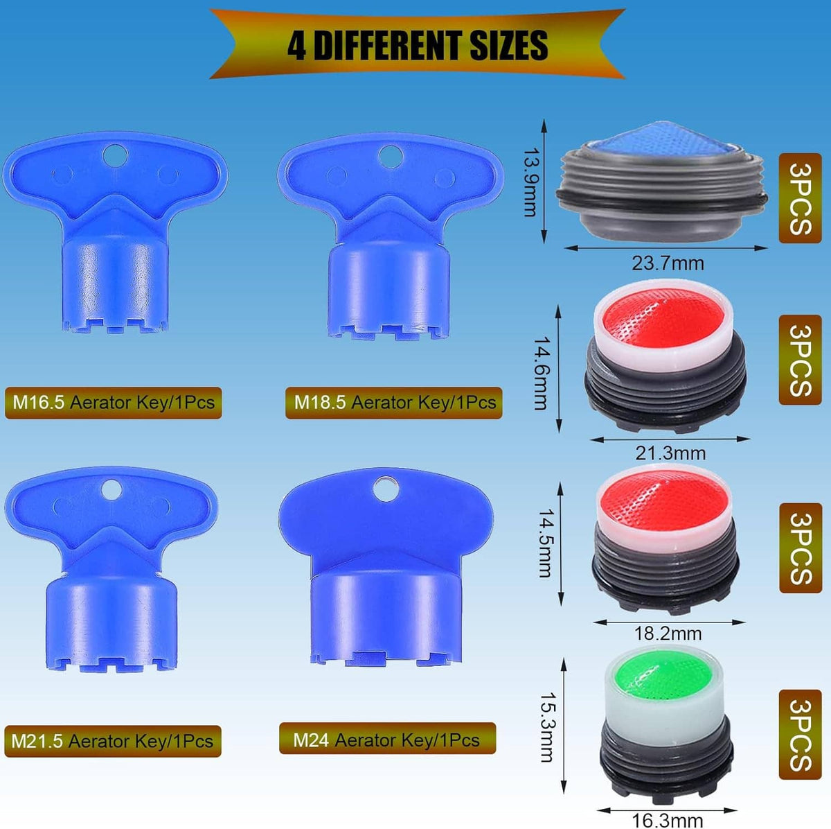 Faucet aerator set with 4 sizes and blue wrench tools for quick replacement